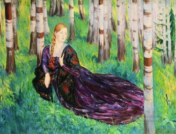 イエス Painting - 白樺の森の中でボリス・ミハイロヴィチ・クストーディエフの美しい女性 女性